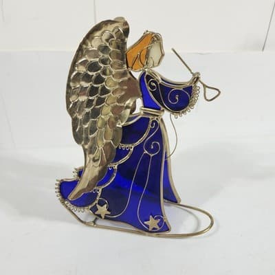 Stained Glass Angel Candle Holder Blue W/Gold-tone Metal Free-Standing 8.5” Tall - Thumbnail 6
