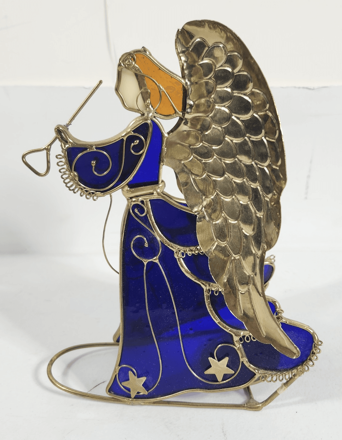 Stained Glass Angel Candle Holder Blue W/Gold-tone Metal Free-Standing 8.5” Tall