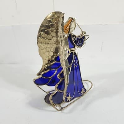 Stained Glass Angel Candle Holder Blue W/Gold-tone Metal Free-Standing 8.5” Tall - Thumbnail 7