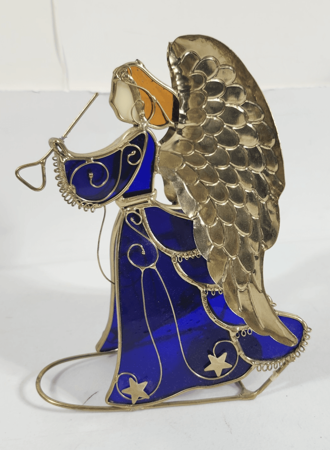 Stained Glass Angel Candle Holder Blue W/Gold-tone Metal Free-Standing 8.5” Tall - Thumbnail 2