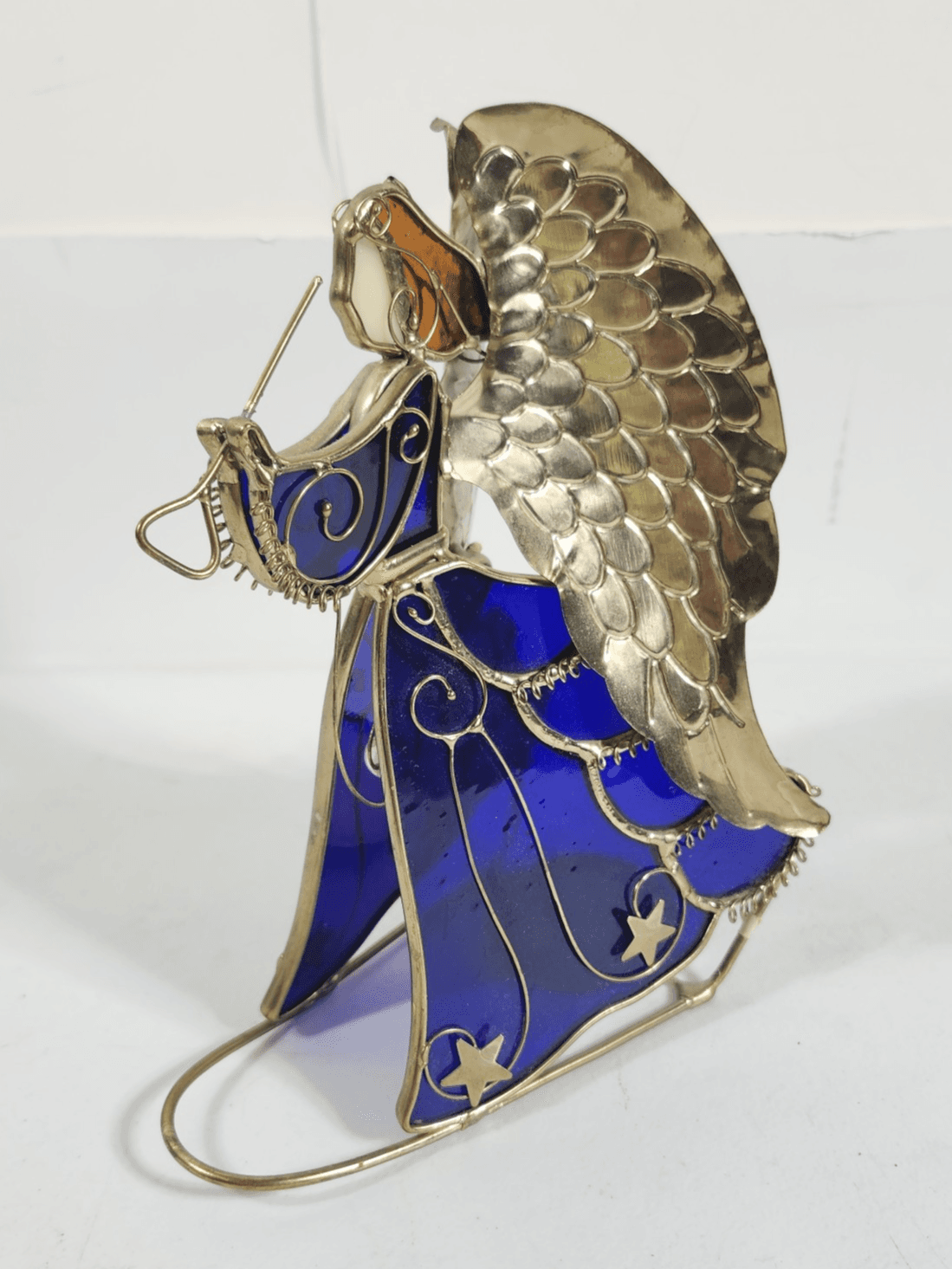 Stained Glass Angel Candle Holder Blue W/Gold-tone Metal Free-Standing 8.5” Tall - Thumbnail 3