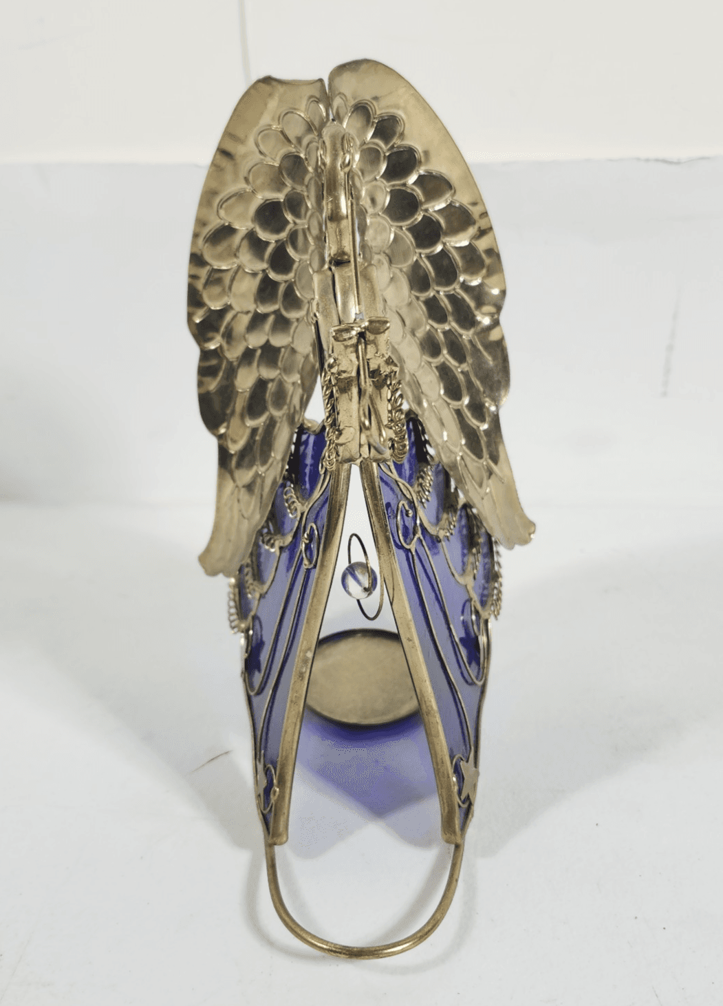 Stained Glass Angel Candle Holder Blue W/Gold-tone Metal Free-Standing 8.5” Tall - Thumbnail 4