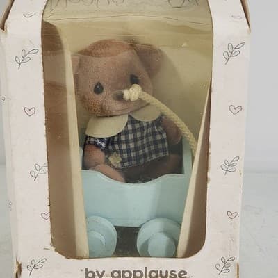 Applause Noah’s Ark Barney Flocked Brown Bear In Blue Wooden Cart - Thumbnail 2
