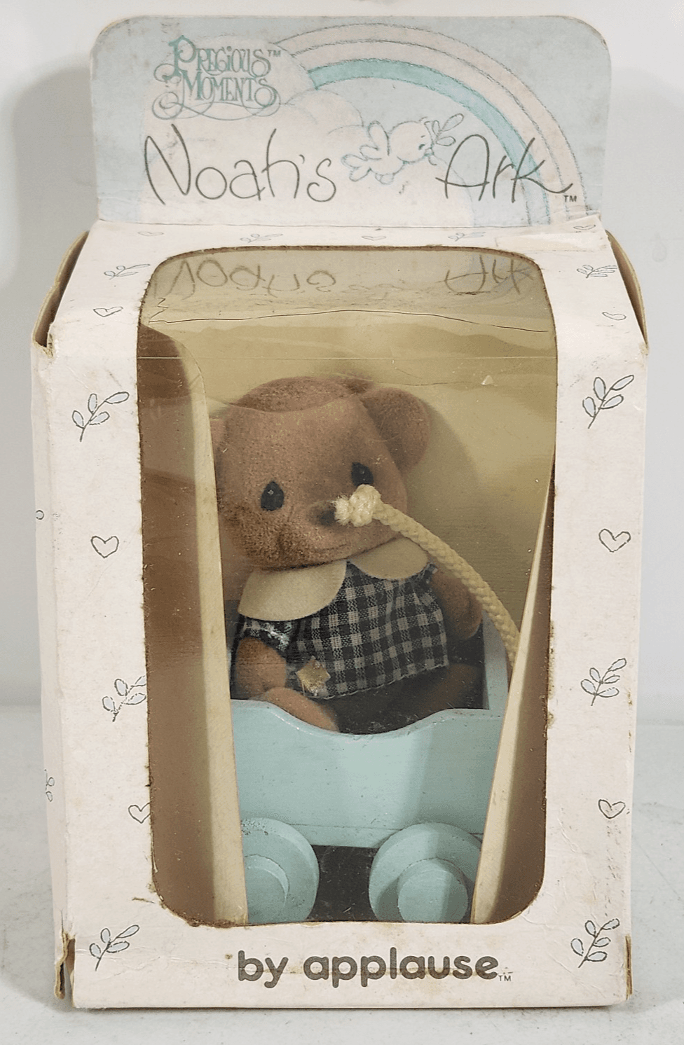 Applause Noah’s Ark Barney Flocked Brown Bear In Blue Wooden Cart