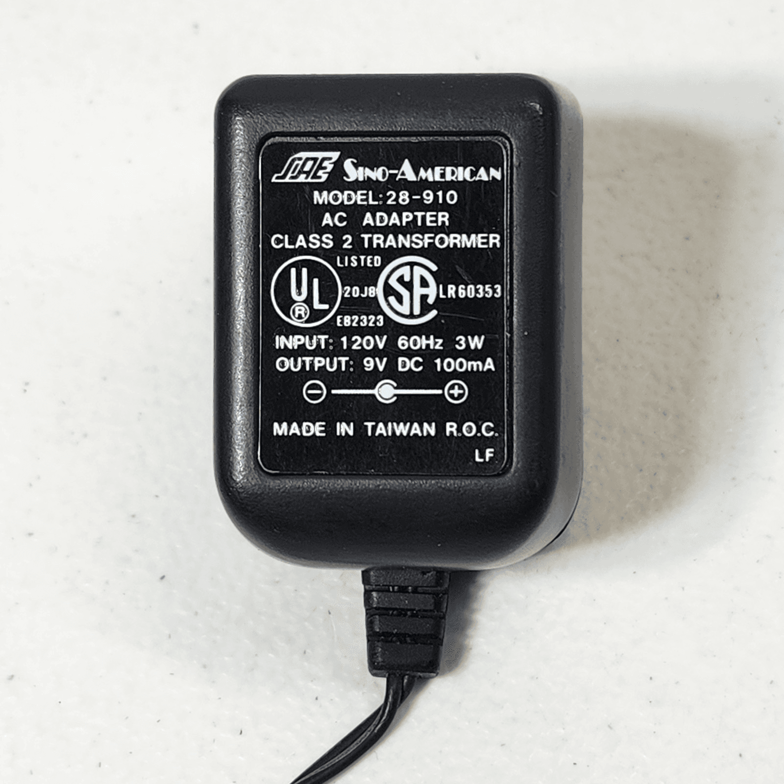 Sino-American AC Adapter Model 28-910 Output 9VDC 100mA Plug Cord