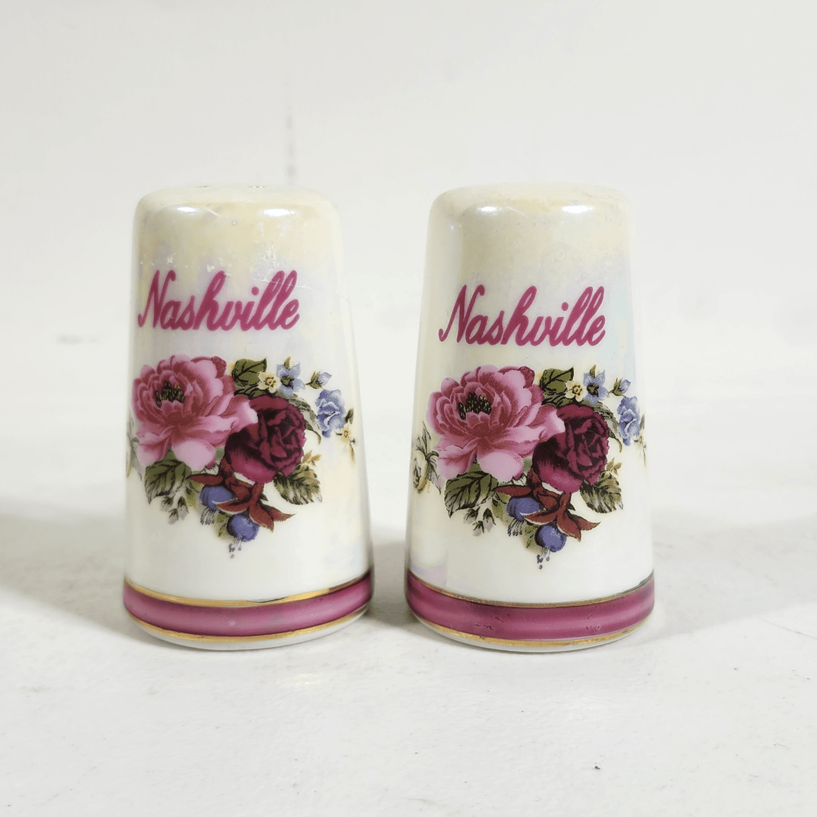 VTG Set of Two Salt and Pepper Shakers White Porcelain Rose Nashville