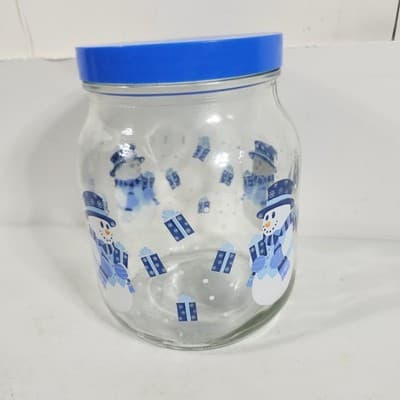 Snowman Christmas Cookie Candy Jar Glass Presents Holiday Decor Blue 7" - Thumbnail 2