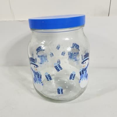 Snowman Christmas Cookie Candy Jar Glass Presents Holiday Decor Blue 7" - Thumbnail 4