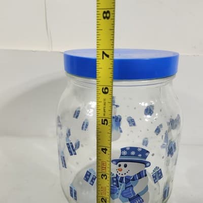 Snowman Christmas Cookie Candy Jar Glass Presents Holiday Decor Blue 7" - Thumbnail 7