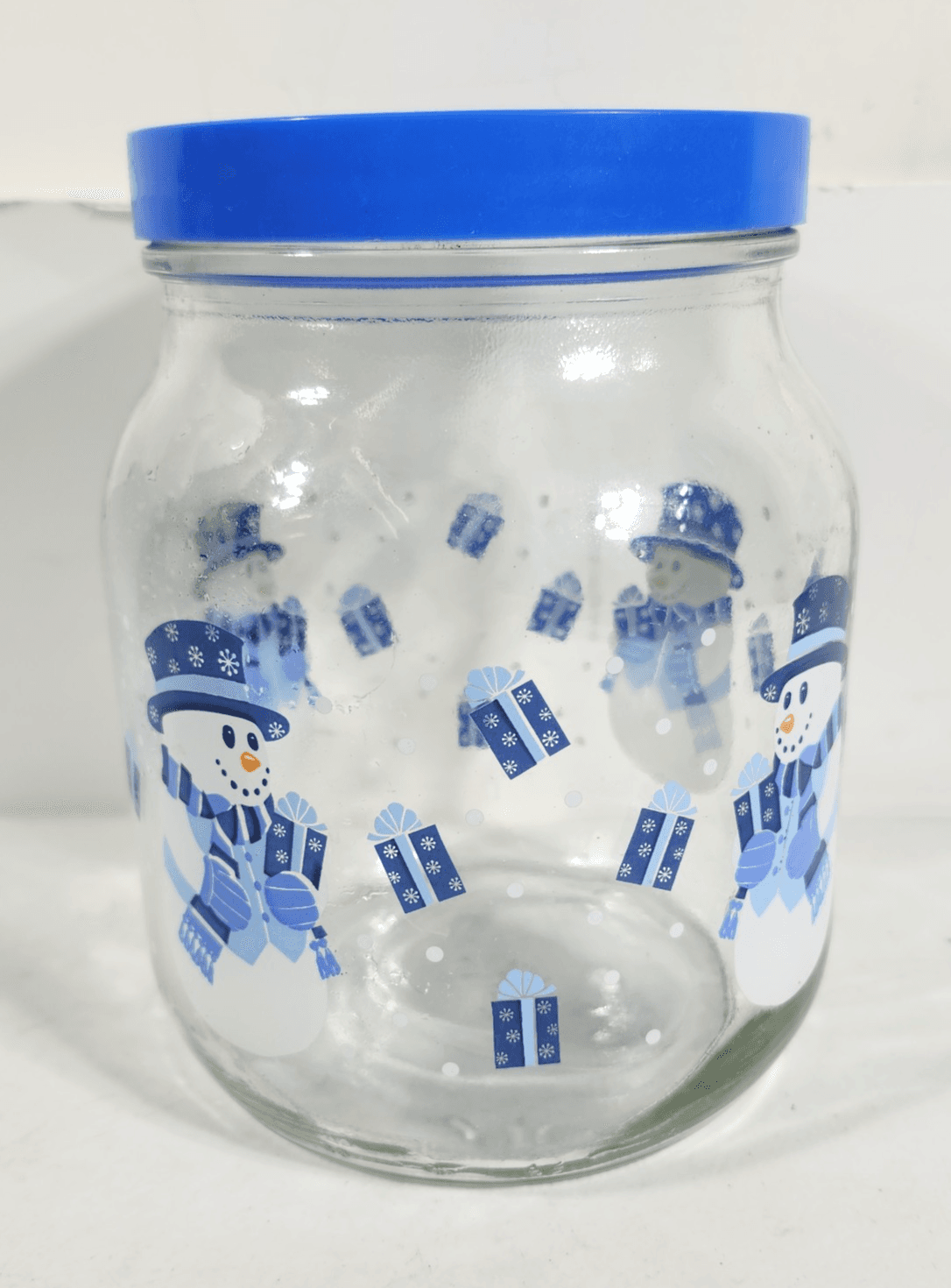 Snowman Christmas Cookie Candy Jar Glass Presents Holiday Decor Blue 7"