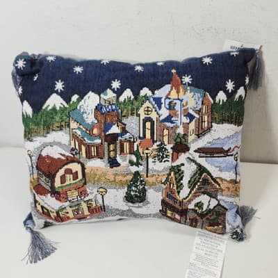 Homebest Tapestry Throw Pillow Church City Scape Village Folk Art 17" X 12" - Thumbnail 2