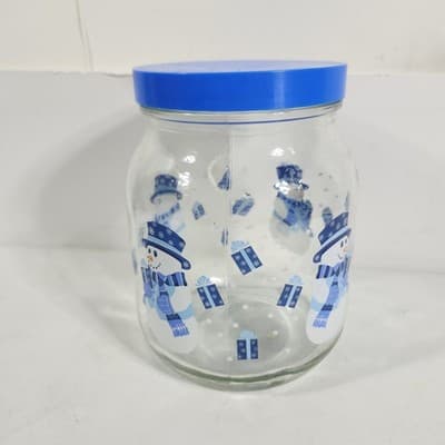 Snowman Christmas Cookie Candy Jar Glass Presents Holiday Decor Blue 7" - Thumbnail 3