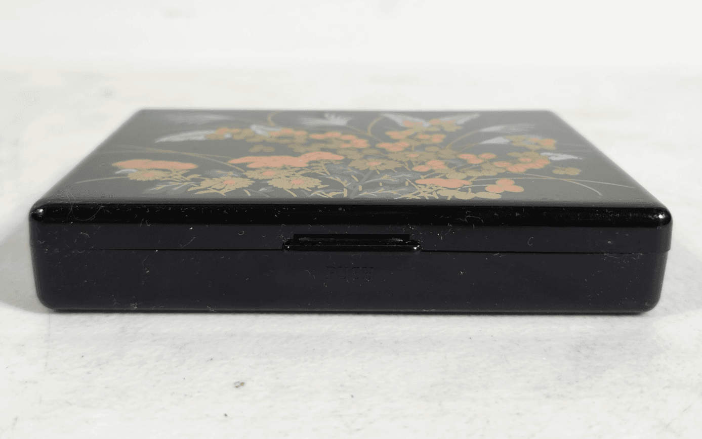 Vintage Wildflower Black Lacquer Small Tissue Compact Box with Interior Mirror - Thumbnail 3