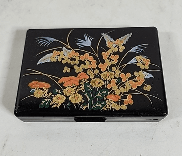 Vintage Wildflower Black Lacquer Small Tissue Compact Box with Interior Mirror - Thumbnail 7