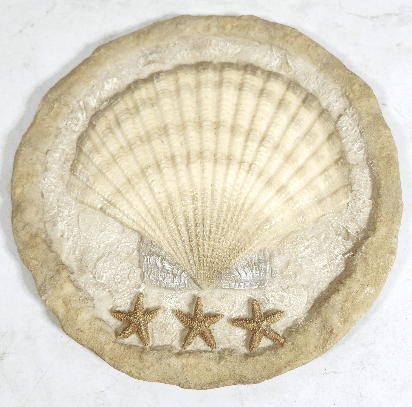 Nautical Sand Art Wall Plaque/Sea Shell Plaster Scallop Beige Sand Color 11.5"