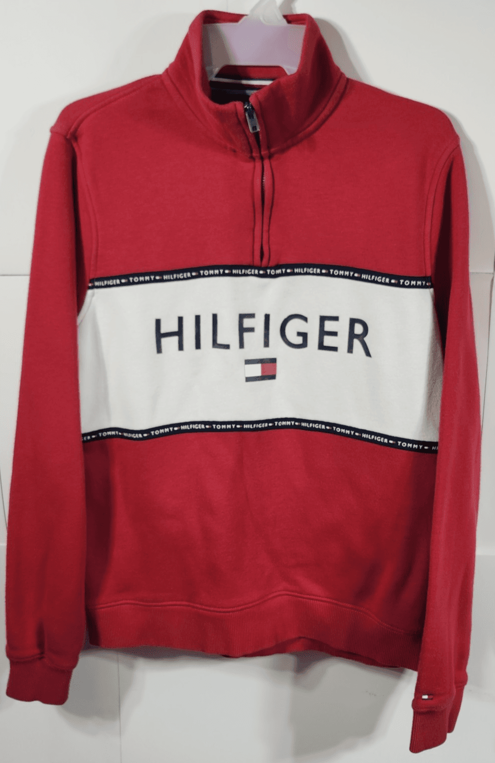 Tommy Hilfiger Mens 1/4 Zip Color Block Spell Out Sweatshirt Size S Y2K Hip Hop
