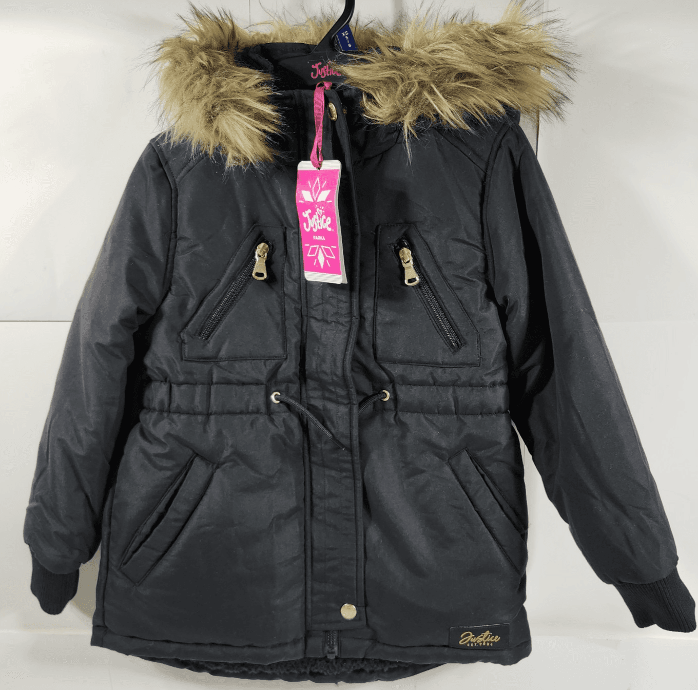 Justice Girls Coat XS Black with Fur Lined Hood Full Zip Winter Jacket NEW - Thumbnail 5