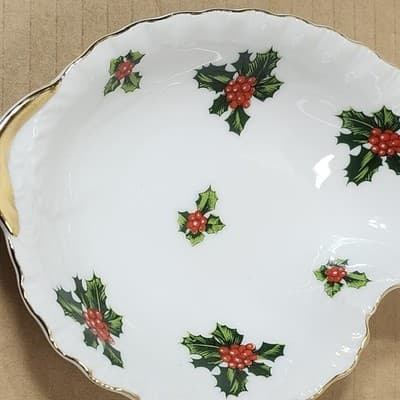 Vintage Lefton Christmas Holly Leaf Candy Dish White With Gold Trim Japan - Thumbnail 6