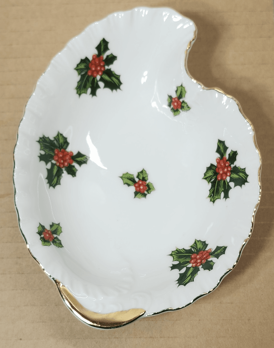 Vintage Lefton Christmas Holly Leaf Candy Dish White With Gold Trim Japan - Thumbnail 2