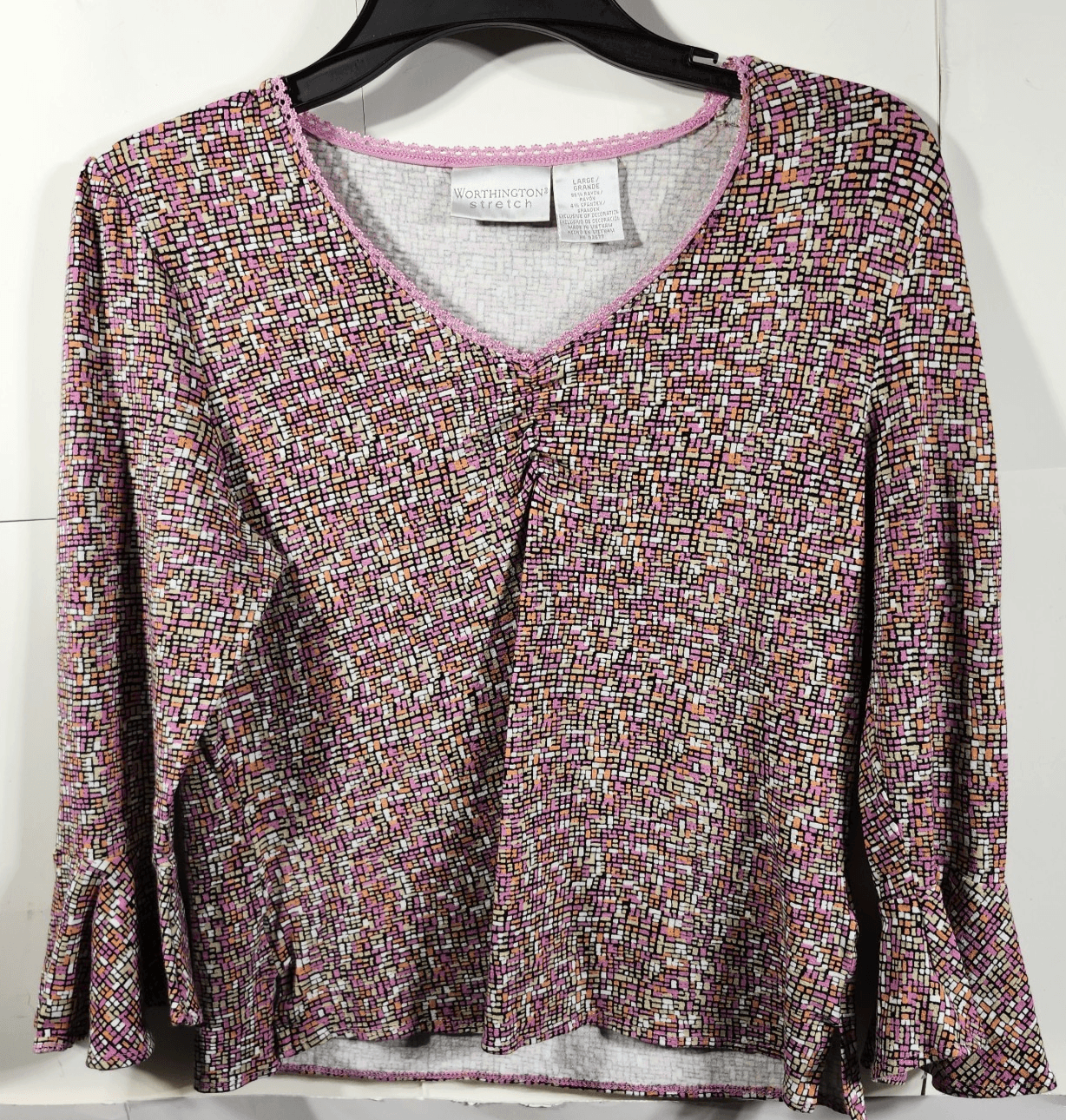 Worthington Top Womens Large Pink Multicolor Shirt V-Neck 3/4 Flutter Sleeve - Thumbnail 5
