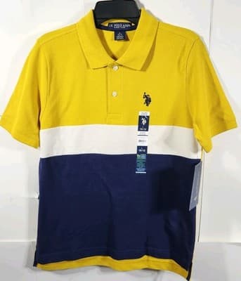 US Polo Assn. Boys Size L Shirt Short Sleeve Yellow White Blue NEW - Thumbnail 5