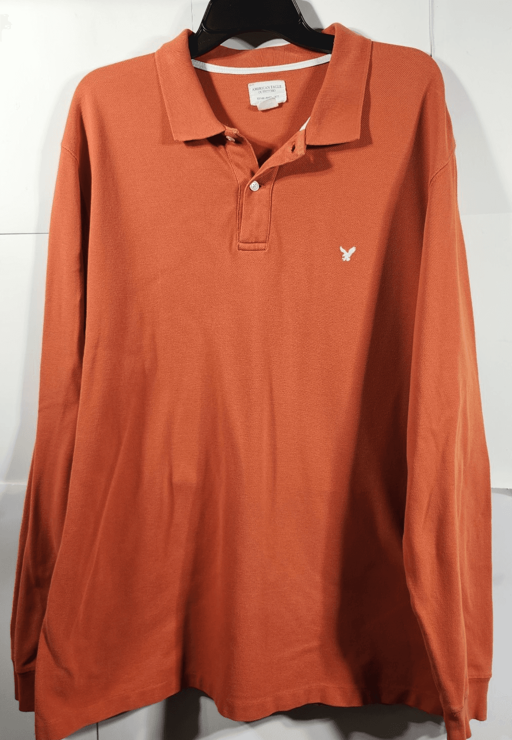 Vintage Y2K American Eagle Men's XL Polo Shirt Orange Long Sleeve - Thumbnail 5