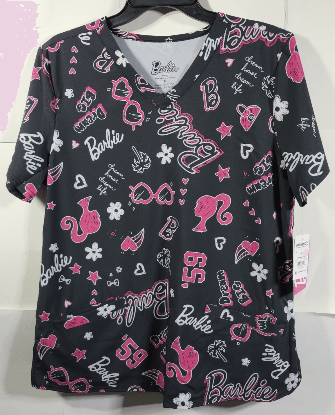 Barbie Doll Women's M V-Neck Black Scrub Top w/Pockets Nursing Uniform Medical - Thumbnail 5