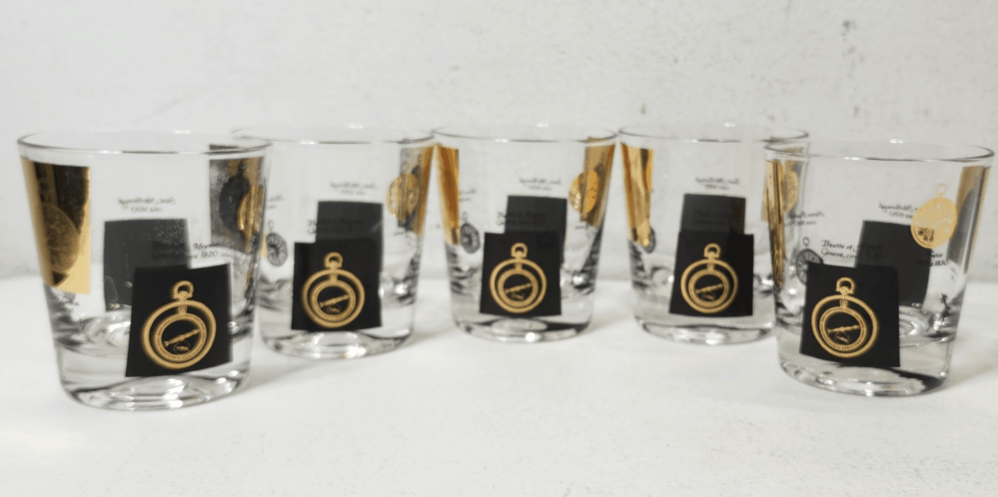 MCM Cera Rocks Glasses w Gold Clock Design Set Of 5 Home Bar Decor 6oz - Thumbnail 2