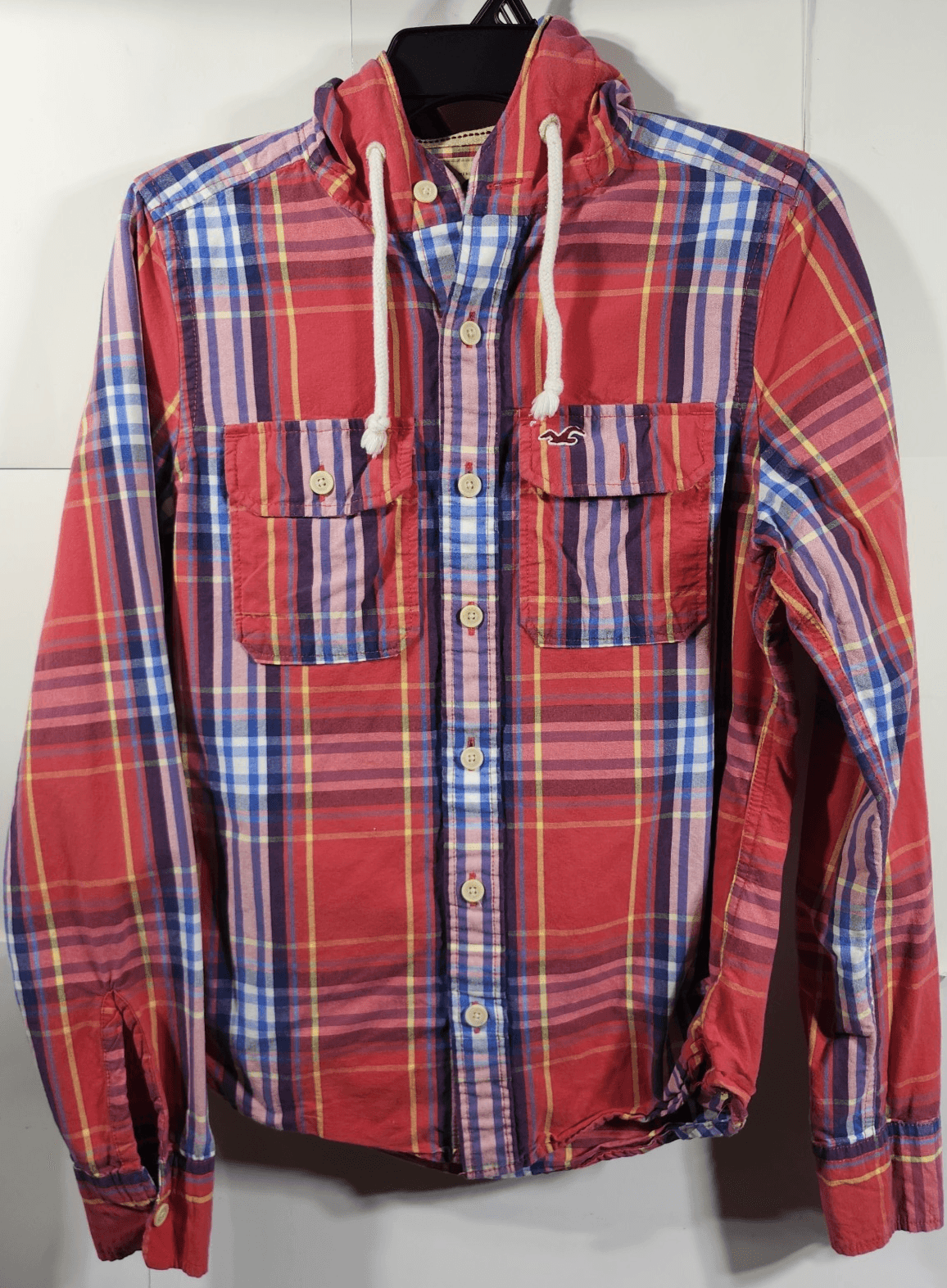 Hollister Men's S Shirt Hoodie Button Down Red Blue Plaid Long Sleeve - Thumbnail 5