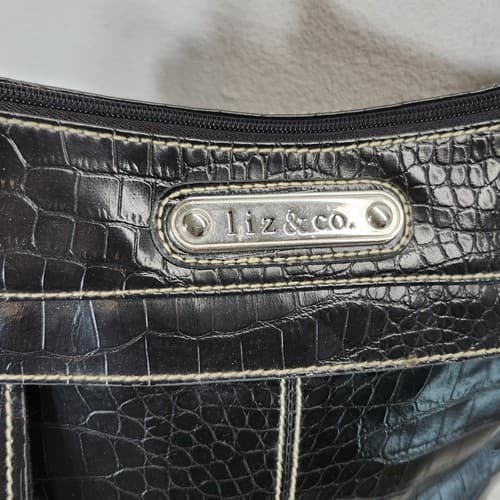 Liz & Co Womens Faux Leather Shiny Shoulderbag Purse Black Silver - Thumbnail 4