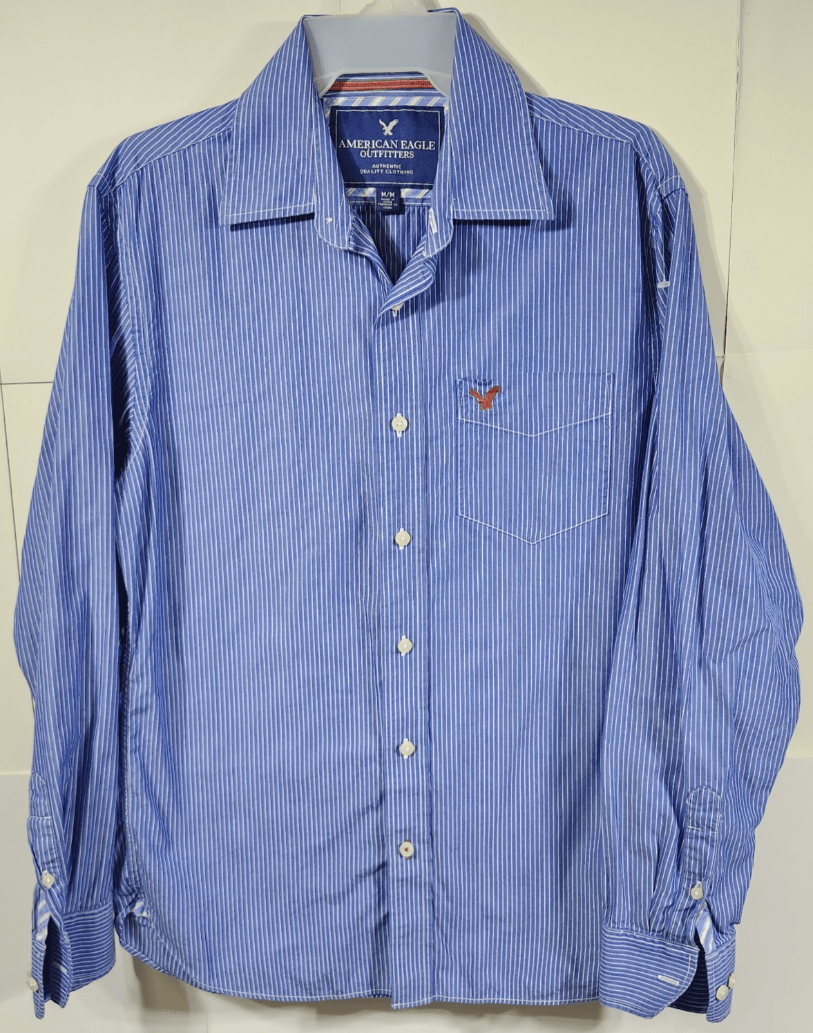 American Eagle Mens Button Up Long Sleeve Shirt Size Medium Blue White Striped - Thumbnail 5