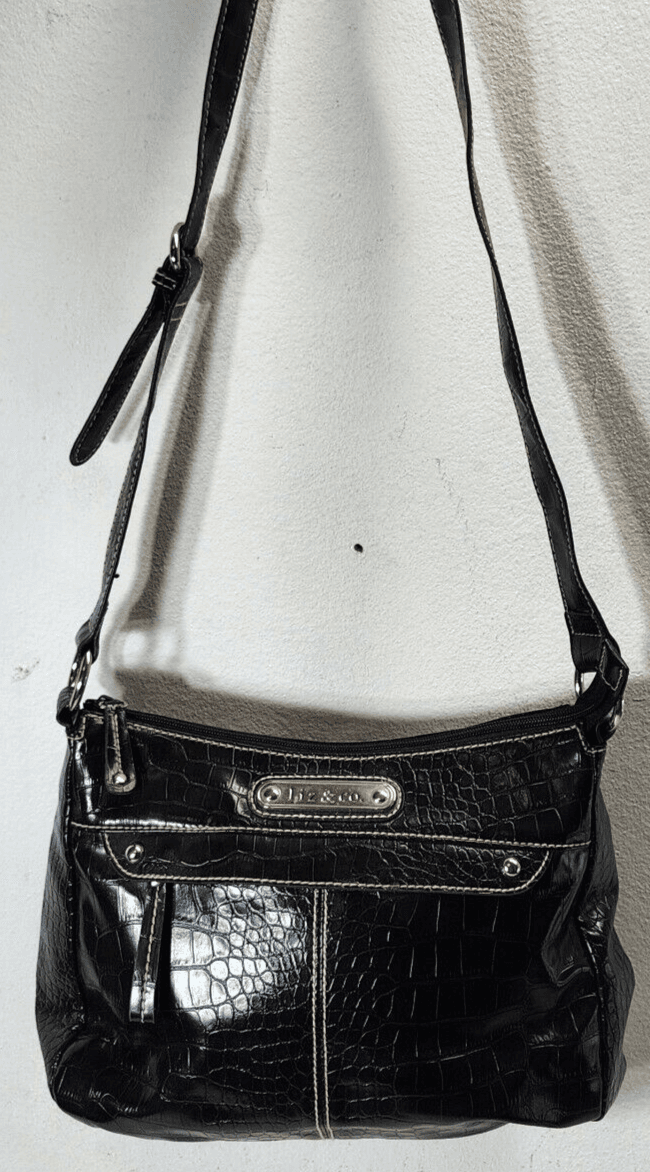 Liz & Co Womens Faux Leather Shiny Shoulderbag Purse Black Silver - Thumbnail 2
