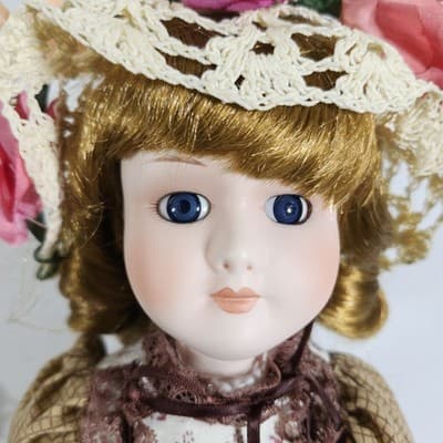 Vintage Porcelain Heritage Doll 16" Cloth Body Dress Hat With Basket - Thumbnail 7
