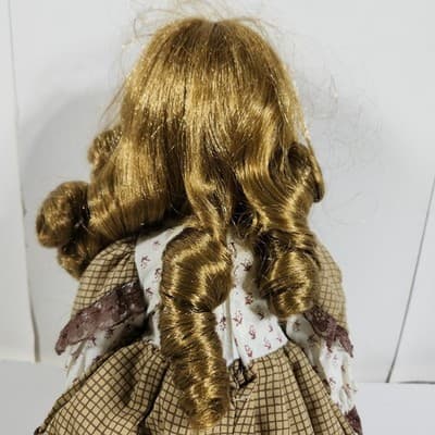 Vintage Porcelain Heritage Doll 16" Cloth Body Dress Hat With Basket - Thumbnail 11