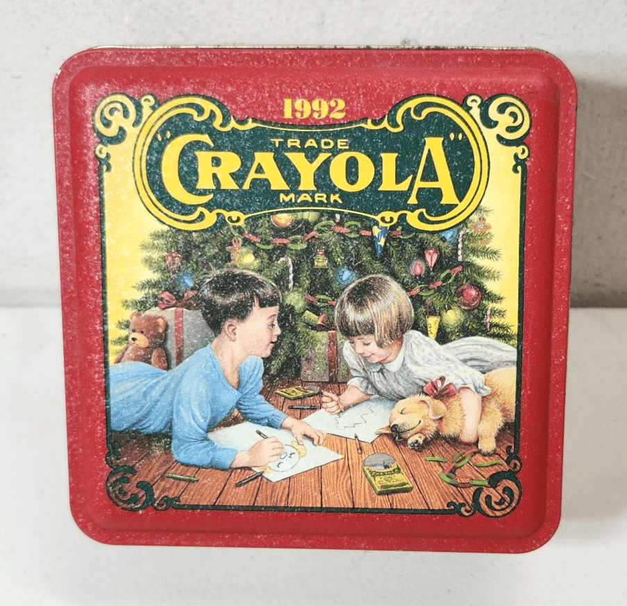 Vintage 1992 Crayola Holiday Tin Box Crayon Storage Red