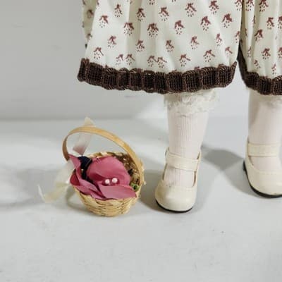 Vintage Porcelain Heritage Doll 16" Cloth Body Dress Hat With Basket - Thumbnail 3
