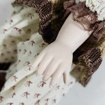 Vintage Porcelain Heritage Doll 16" Cloth Body Dress Hat With Basket - Thumbnail 9