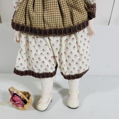 Vintage Porcelain Heritage Doll 16" Cloth Body Dress Hat With Basket - Thumbnail 6