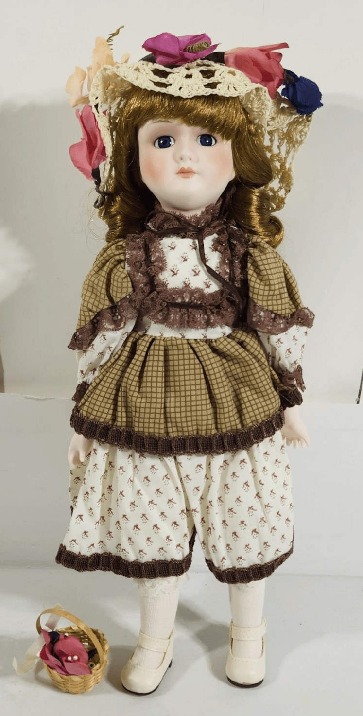 Vintage Porcelain Heritage Doll 16" Cloth Body Dress Hat With Basket - Thumbnail 2