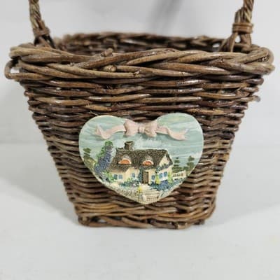 Vintage Rustic Basket Woven Wicker Ceramic Heart Farmhouse Cottage Shabby Chic - Thumbnail 3