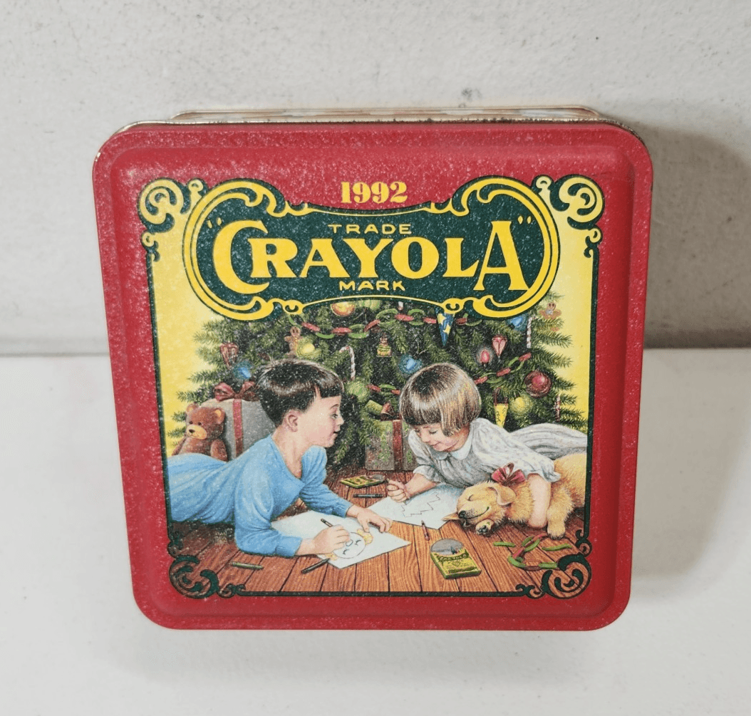 Vintage 1992 Crayola Holiday Tin Box Crayon Storage Red - Thumbnail 3