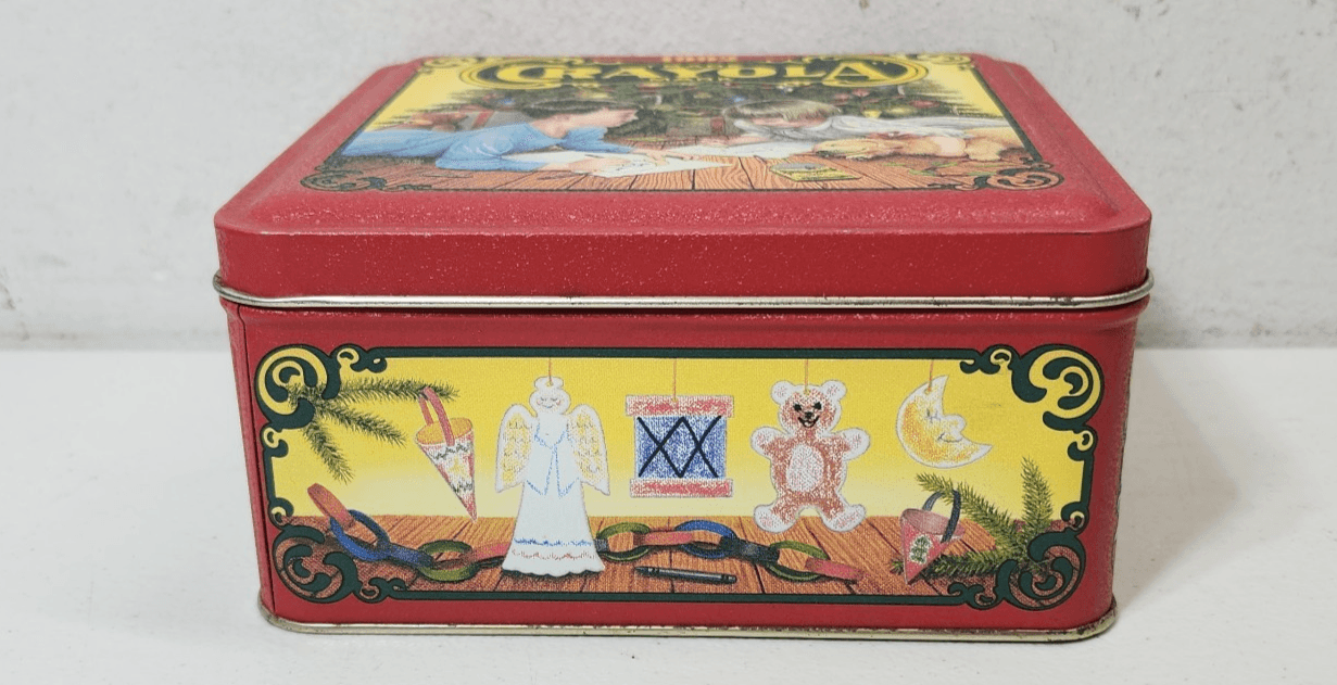 Vintage 1992 Crayola Holiday Tin Box Crayon Storage Red - Thumbnail 4