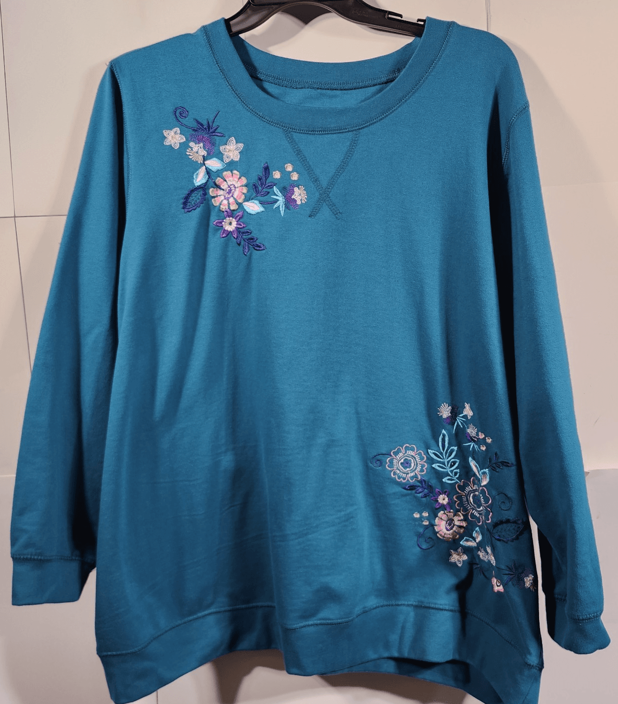 Woman Within Plus Size 3X Pullover Sweatshirt Floral Embroidered Blue - Thumbnail 5