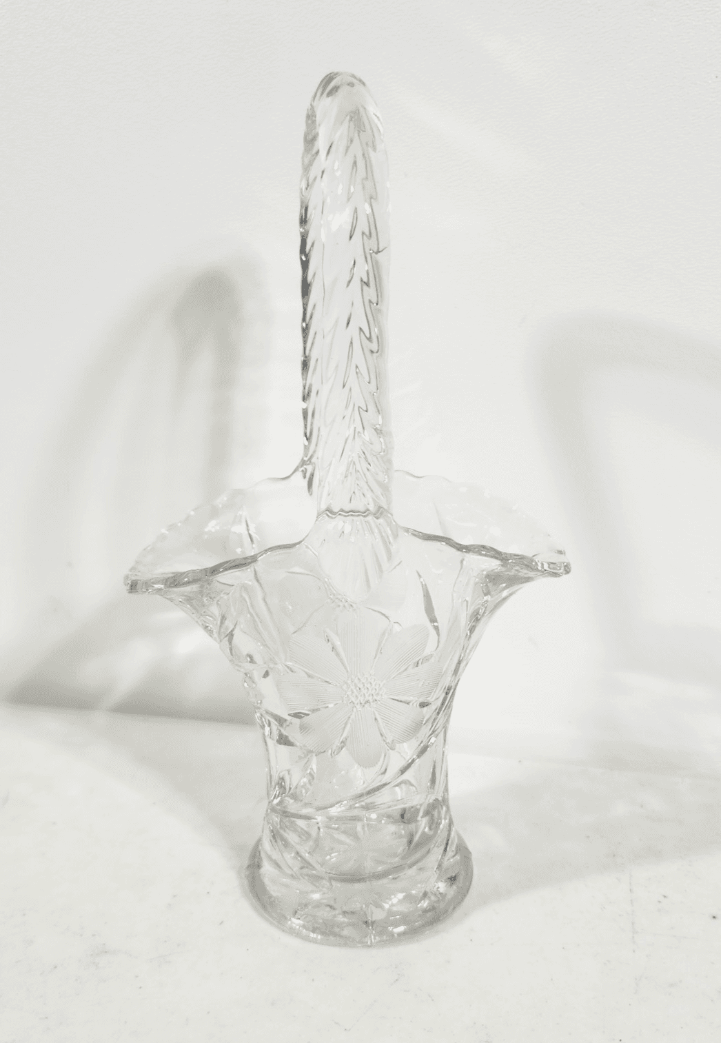 Vintage Clear Glass 7.5" Sunflower Etched Floral Basket Vase - Thumbnail 5