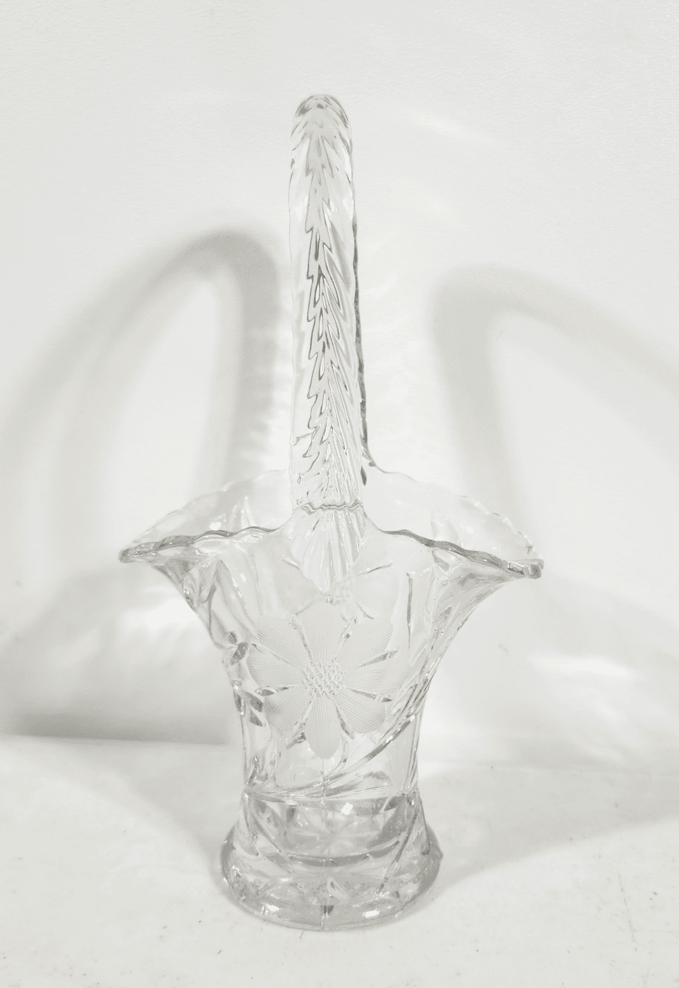 Vintage Clear Glass 7.5" Sunflower Etched Floral Basket Vase - Thumbnail 2