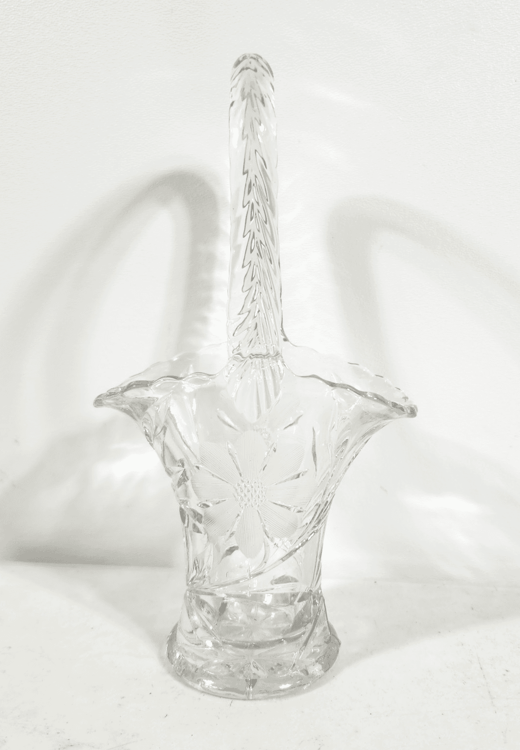 Vintage Clear Glass 7.5" Sunflower Etched Floral Basket Vase