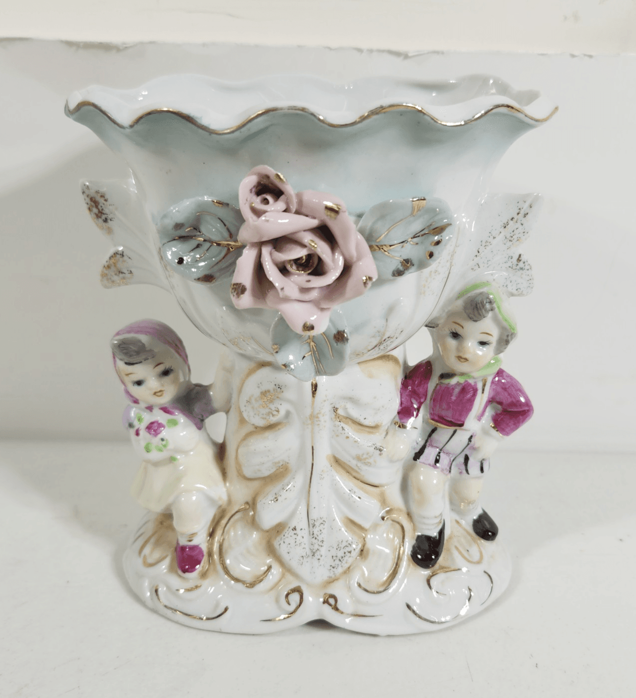 Vintage Planter Vase Rose Girl & Boy Gold Trim Porcelain Home Decor 6" - Thumbnail 2