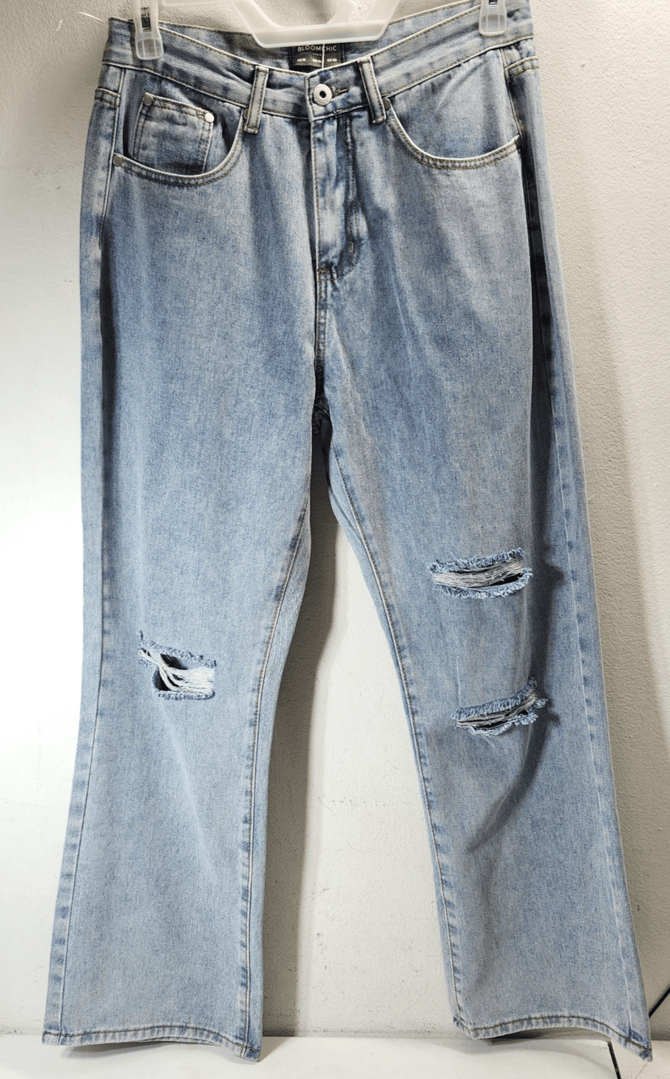 Bloomchic Womens Wide Leg Distressed Jeans Size 10 Light Blue Denim Pants NEW