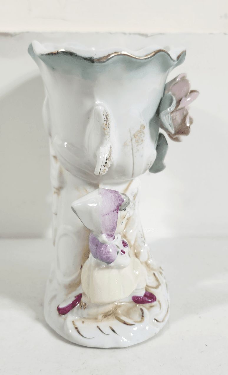 Vintage Planter Vase Rose Girl & Boy Gold Trim Porcelain Home Decor 6" - Thumbnail 6