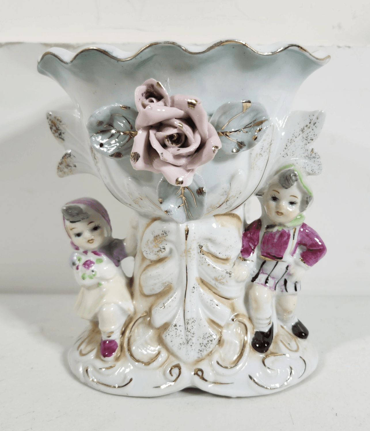 Vintage Planter Vase Rose Girl & Boy Gold Trim Porcelain Home Decor 6"